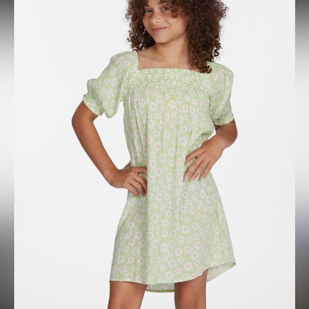 Billabong Girl’s Green Floral Print Mini Sundress With Puff Sleeves Size L